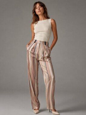 Striped Satin Straight-Leg Pants in Blush Multi